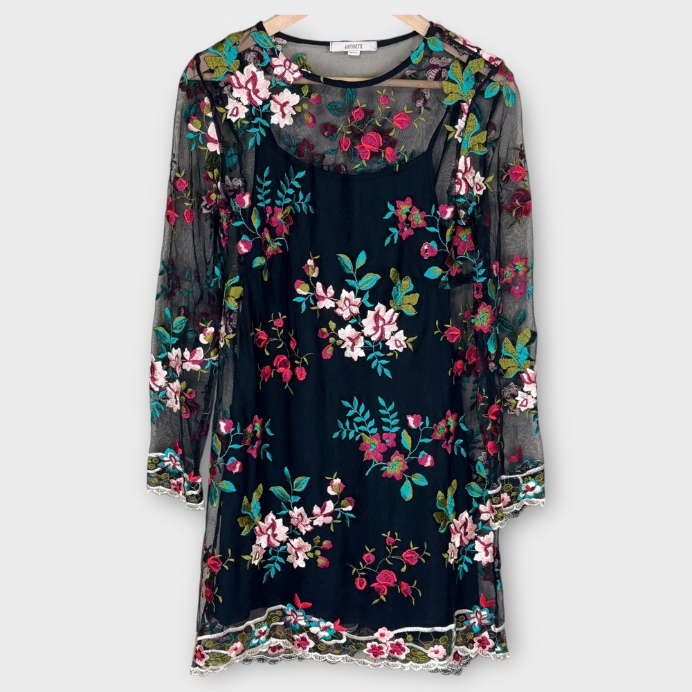 Antoinette Floral Embroidered Mesh‎ Overlay Dress Small Black Sheer Long Sleeve